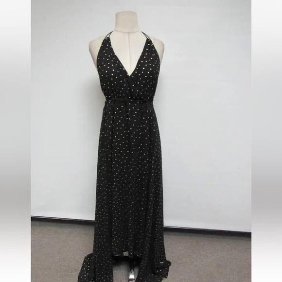 🆕 EXPRESS TASSEL TIE GOLD DOT SURPLICE MAXI DRESS sz XS - Picture 4 of 8